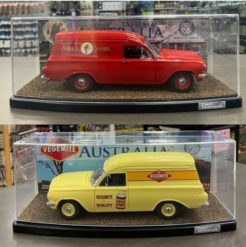 Holden EH Panel Van Tastes Of Australia Two Model Collection #1 Arnotts' & #2 Vegemite 1:18 Scale Die Cast Model Car + Tiny Dioramas Slimline 1:18 Scale Display Cases