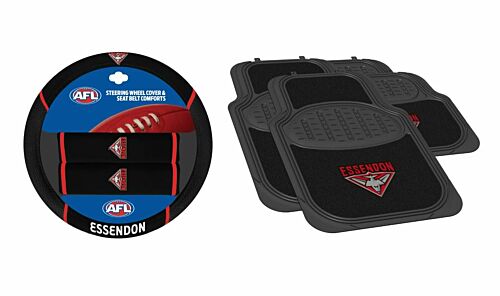 Set Of 2 Essendon Bombers AFL Team Logo Car Steering Wheel Cover & 4 Floor Mats 2x Front 2x Rear