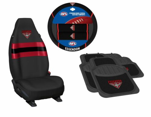 Set Of 3 Essendon Bombers AFL Team Car Seat Covers + Steering Wheel Cover + 4 Floor Mats