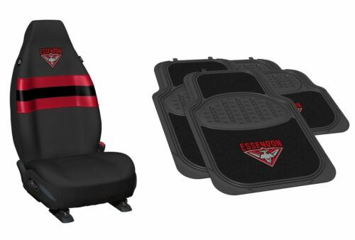 Set Of 2 Essendon Bombers AFL Team Logo Front Car Seat Covers & 4 Floor Mats 2x Front 2x Rear