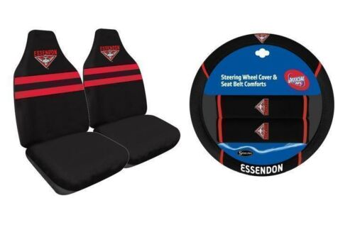 Set Of 2 Essendon Bombers AFL Car Seat Covers & Steering Wheel 