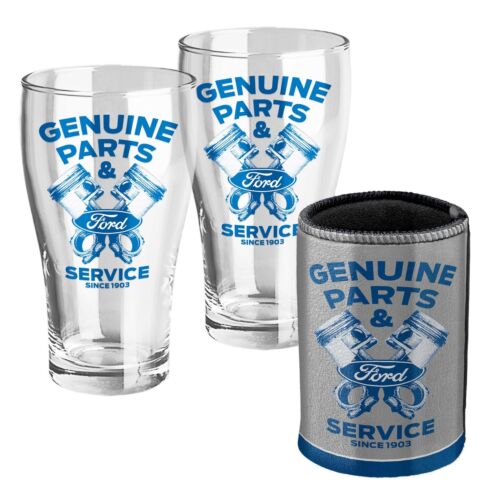 Ford Genuine Parts Set of 2 Glasses & Metallic Can Cooler Gift Pack