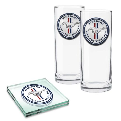 Ford Mustang Set of 2 Highball Glasses & Glass Coasters Gift Pack