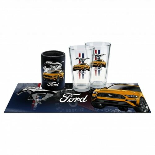 Ford Mustang Bar Essentials Set of 2 Conical Glasses Can Cooler & Bar Mat Gift Pack