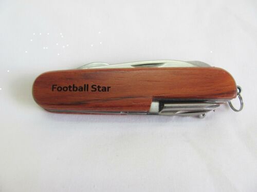 Football Star  Name Personalised Wooden Pocket Knife Multi Tool With 10 Tools / Accessories