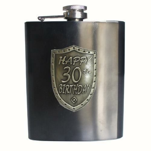 30th Birthday Gunmetal Grey 150ml Hip Flask With Badge In Gift Box Thirtieth