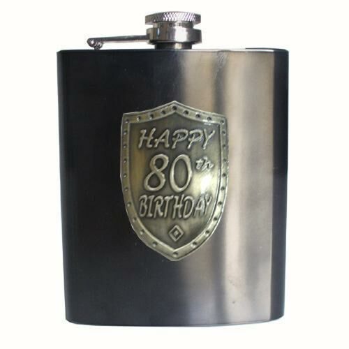 80th Birthday Gunmetal Grey 150ml Hip Flask With Badge In Gift Box Eightieth