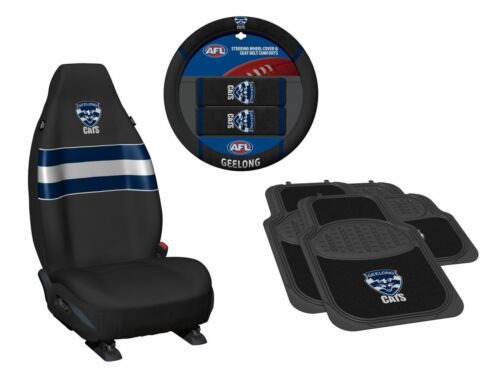 Set Of 3 Geelong Cats AFL Team Car Seat Covers + Steering Wheel Cover + 4 Floor Mats