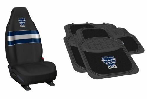 Set Of 2 Geelong Cats AFL Team Logo Front Car Seat Covers & 4 Floor Mats 2x Front 2x Rear