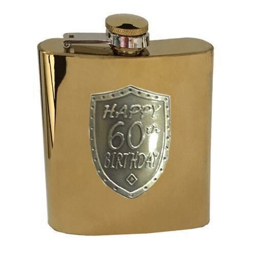 60th Birthday Gold 150ml Hip Flask With Badge In Gift Box Sixtieth
