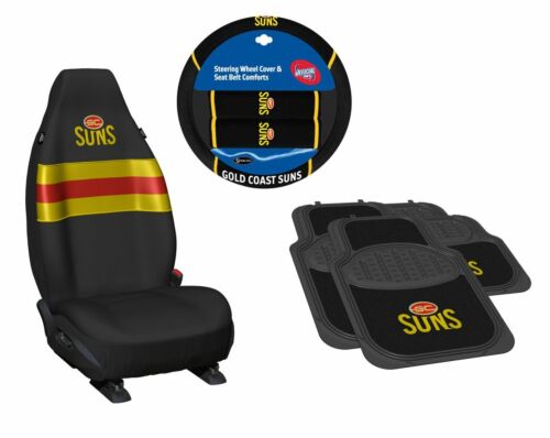 Set Of 3 Gold Coast Suns AFL Team Car Seat Covers + Steering Wheel Cover + 4 Floor Mats