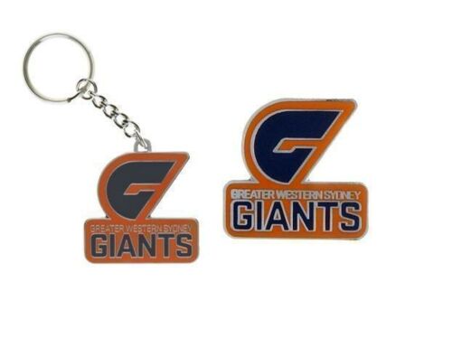 Set Of 2 Greater Western Sydney GWS Giants AFL Team Logo Metal Pin Badge & Mascot Metal Keyring Key Ring