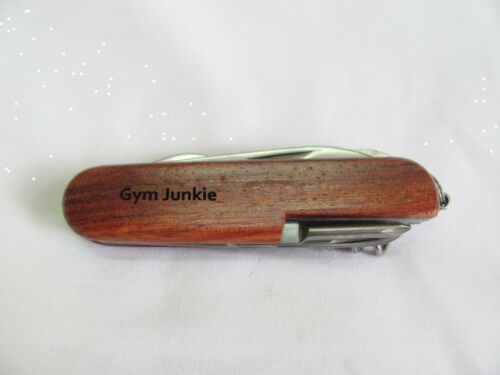 Gym Junkie  Name Personalised Wooden Pocket Knife Multi Tool With 10 Tools / Accessories