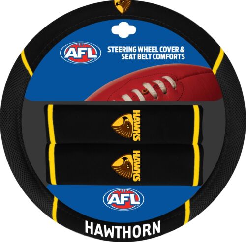 Hawthorn Hawks AFL Team Logo 39cm Diameter Flexible Steering Wheel & 2 Seat Belt Covers