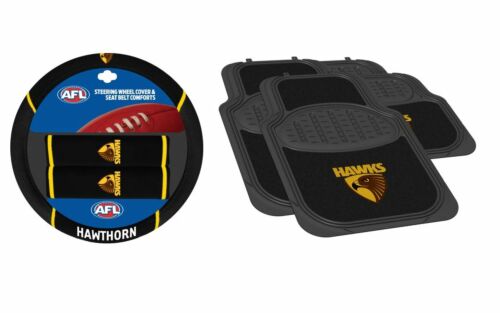 Set Of 2 Hawthorn Hawks AFL Team Logo Car Steering Wheel Cover & 4 Floor Mats 2x Front 2x Rear