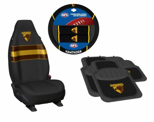 Set Of 3 Hawthorn Hawks AFL Team Car Seat Covers + Steering Wheel Cover + 4 Floor Mats