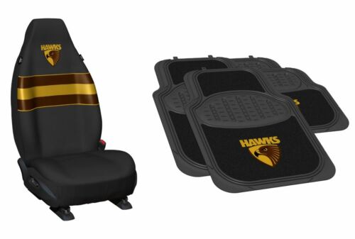Set Of 2 Hawthorn Hawks AFL Team Logo Front Car Seat Covers & 4 Floor Mats 2x Front 2x Rear