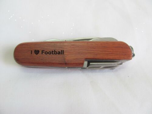 I Love Football  Name Personalised Wooden Pocket Knife Multi Tool With 10 Tools / Accessories