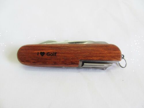 I Love Golf  Name Personalised Wooden Pocket Knife Multi Tool With 10 Tools / Accessories