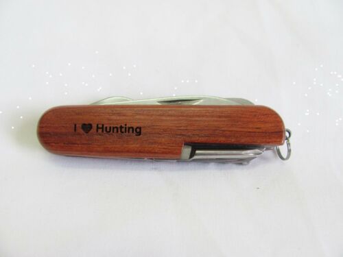 I Love Hunting  Name Personalised Wooden Pocket Knife Multi Tool With 10 Tools / Accessories