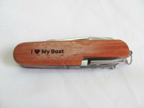 I Love My boat  Name Personalised Wooden Pocket Knife Multi Tool With 10 Tools / Accessories
