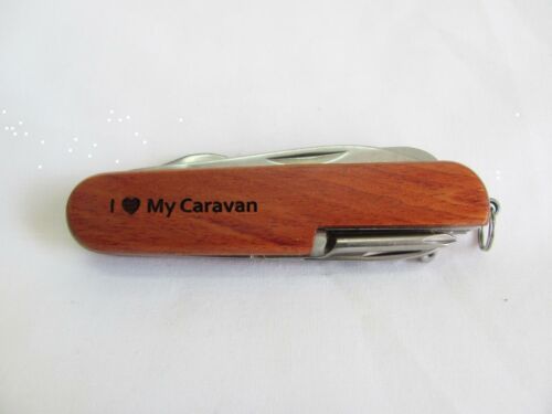 I Love My Caravan  Name Personalised Wooden Pocket Knife Multi Tool With 10 Tools / Accessories