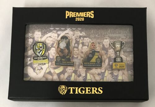 Richmond Tigers 2020 AFL Premiers Set of 4 Logo Captain Norm Smith Trophy Pin Badges in Presentation Box 
