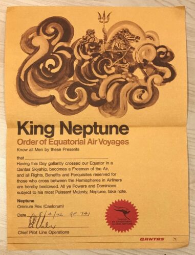 Qantas Original King Neptune Order of Equatorial Air Voyages Certificate circa 1970s - The Australian Airline