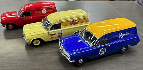 Holden EH Panel Van Tastes Of Australia Three Model Collection #1 Arnott's, #2 Vegemite & #3 Rosella 1:18 Scale Die Cast Model Cars