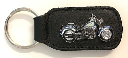 Harley Davidson Leather & Enamel Keyring Key Ring Fat Boy Blue & Silver Motor Bike