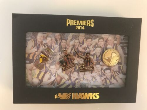 Hawthorn Hawks 2014 AFL Premiers Set of 4 Logo Captain Norm Smith Trophy Pin Badges in Presentation Box 