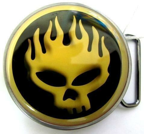 The Offspring Off Spring Flaming Skull Yellow & Black Logo Belt Buckle