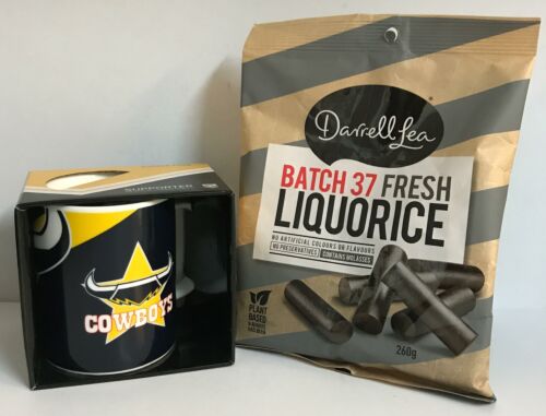 Gift Pack With North Queensland Cowboys NRL Logo Coffee Mug + Darrell Lea Batch 37 Fresh Liquorice 260g in Gold Bag