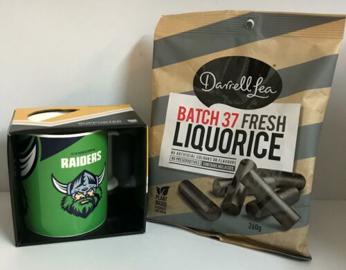 Gift Pack With Canberra Raiders NRL Logo Coffee Mug + Darrell Lea Batch 37 Fresh Liquorice 260g in Gold Bag