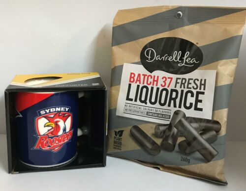 Gift Pack With Sydney Roosters NRL Logo Coffee Mug + Darrell Lea Batch 37 Fresh Liquorice 260g in Gold Bag