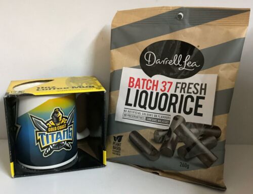 Gift Pack With Gold Coast Titans NRL Logo Coffee Mug + Darrell Lea Batch 37 Fresh Liquorice 260g in Gold Bag