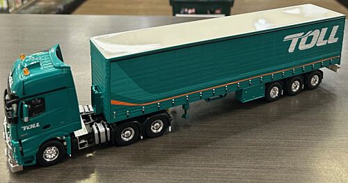 Road Ragers Toll 2019 Mercedes Benz MP04 Prime Mover And Single Tautliner Toll Trailer 1:50 Scale Model Truck