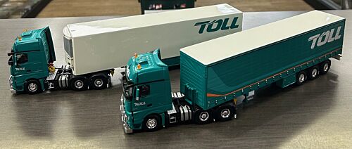 Set of 2 Road Ragers Toll 2019 Mercedes Benz MP04 Prime Mover And Single Reefer Toll Trailer + Prime mover And Single Tautliner Toll Trailer 1:50 Scale Model Truck