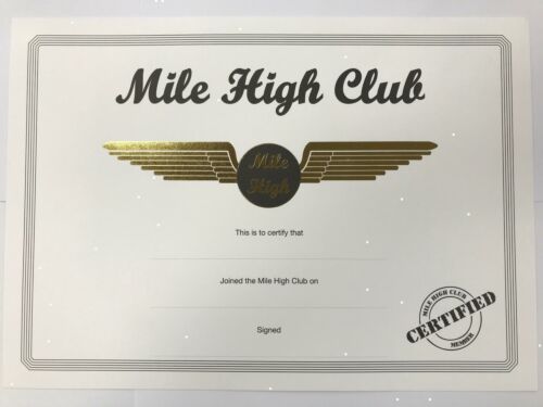 Mile High Club Certificate Gold Wings Aviation Plane Certified Award