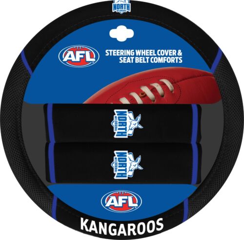 North Melbourne Kangaroos AFL Team Logo 39cm Diameter Flexible Steering Wheel & 2 Seat Belt Covers