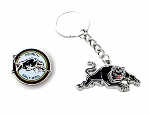 Set of 2 Penrith Panthers NRL Team Heritage Logo Collectable Lapel Hat Tie Pin Badge & Mascot Metal Key Ring Keyring
