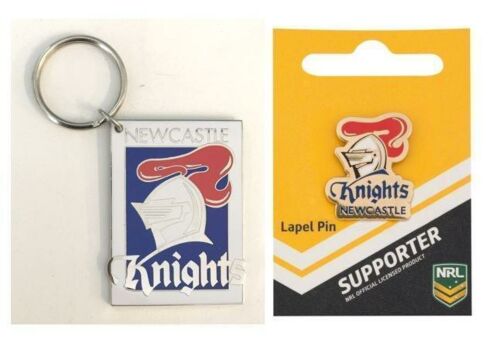 Set Of 2 Newcastle Knights NRL Team Logo Metal Pin Badge & Mascot Metal Keyring Key Ring