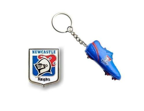 Set of 2 Newcastle Knights NRL Team Heritage Logo Collectable Lapel Hat Tie Pin Badge & Resin Boot Key Ring Keyring