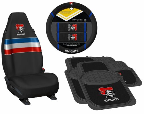 Set of 3 Newcastle Knights NRL Team Car Seat Covers + Steering Wheel Cover + 4 Floor Mats