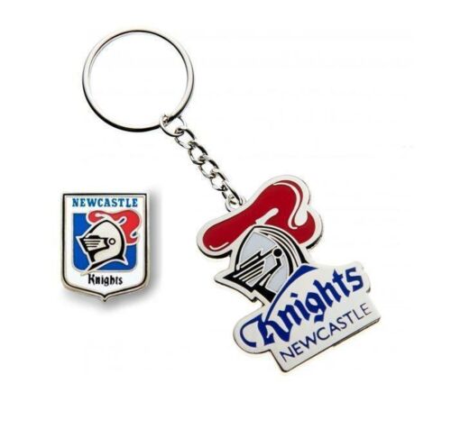 Set of 2 Newcastle Knights NRL Team Heritage Logo Collectable Lapel Hat Tie Pin Badge & Mascot Metal Key Ring Keyring
