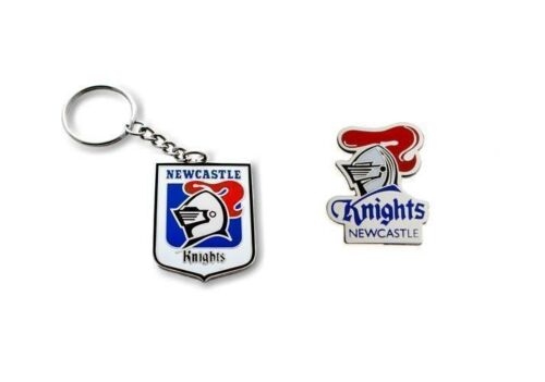 Set of 2 Newcastle Knights NRL Team Heritage Logo Key Ring Keyring Chain + Team Logo Pin Badge