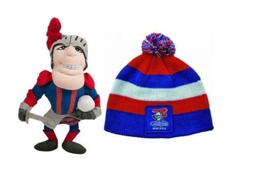 Set Of 2 Newcastle Knights NRL Team Mascot Plush Toy Character With Football + Stripe Baby Beanie Toddler Hat