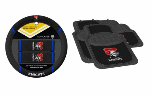 Set of 2 Newcastle Knights NRL Car Steering Wheel Cover & 4 Floor Mats