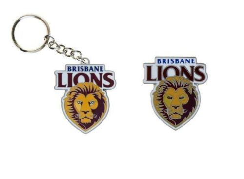 Set Of 2 Brisbane Lions AFL Team Logo Metal Pin Badge & Mascot Metal Keyring Key Ring