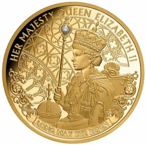 2020 Long May She Reign Her Majesty Queen Elizabeth II $100 1oz Gold Proof Coin With Diamond Insertion Niue Tender COA #106